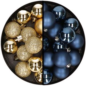 36x stuks kunststof kerstballen goud en donkerblauw 3 en 4 cm -