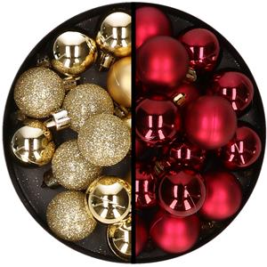 36x stuks kunststof kerstballen goud en donkerrood 3 en 4 cm -