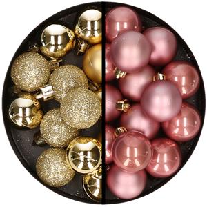 36x stuks kunststof kerstballen goud en oudroze 3 en 4 cm -