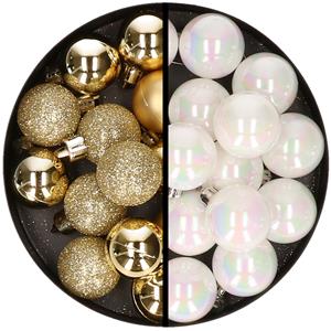 36x stuks kunststof kerstballen goud en parelmoer wit 3 en 4 cm -