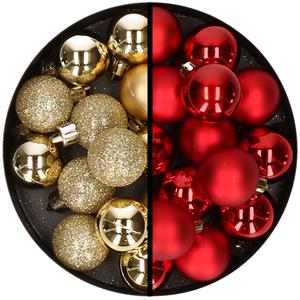 36x stuks kunststof kerstballen goud en rood 3 en 4 cm -
