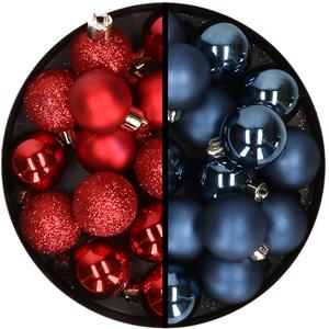 36x stuks kunststof kerstballen rood en donkerblauw 3 en 4 cm -