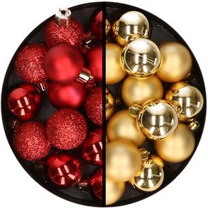 36x stuks kunststof kerstballen rood en goud 3 en 4 cm -