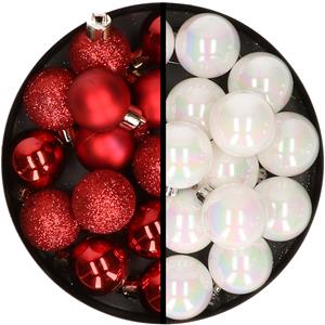 36x stuks kunststof kerstballen rood en parelmoer wit 3 en 4 cm -