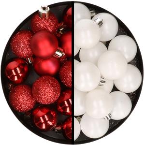 36x stuks kunststof kerstballen rood en wit 3 en 4 cm -