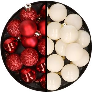 36x stuks kunststof kerstballen rood en wol wit 3 en 4 cm -
