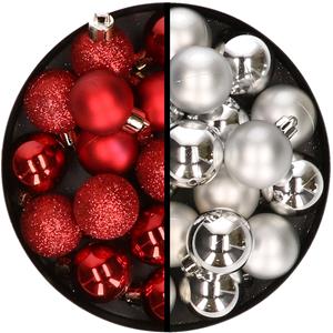 36x stuks kunststof kerstballen rood en zilver 3 en 4 cm -