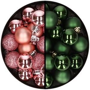 36x stuks kunststof kerstballen roze en donkergroen 3 en 4 cm -
