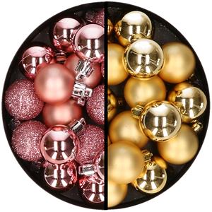 36x stuks kunststof kerstballen roze en goud 3 en 4 cm -