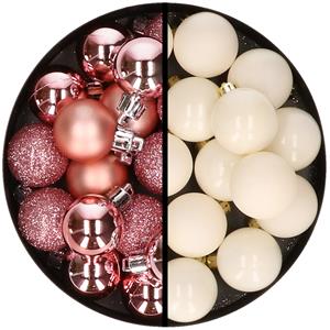 36x stuks kunststof kerstballen roze en wol wit 3 en 4 cm -