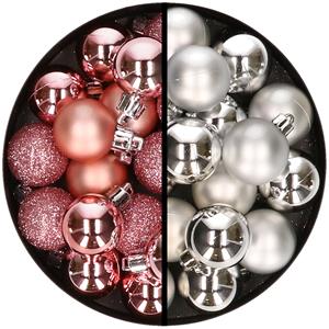 36x stuks kunststof kerstballen roze en zilver 3 en 4 cm -