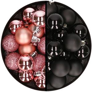 36x stuks kunststof kerstballen roze en zwart 3 en 4 cm -
