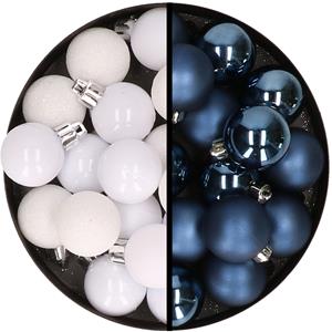 36x stuks kunststof kerstballen wit en donkerblauw 3 en 4 cm -