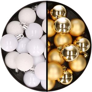 36x stuks kunststof kerstballen wit en goud 3 en 4 cm -