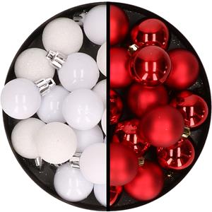36x stuks kunststof kerstballen wit en rood 3 en 4 cm -
