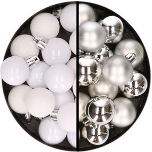 36x stuks kunststof kerstballen wit en zilver 3 en 4 cm -