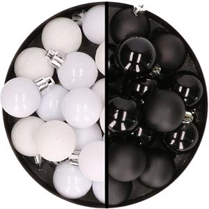 36x stuks kunststof kerstballen wit en zwart 3 en 4 cm -