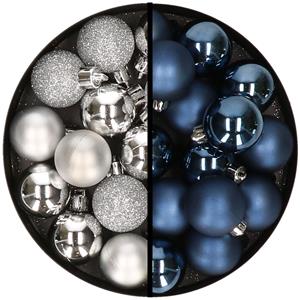 36x stuks kunststof kerstballen zilver en donkerblauw 3 en 4 cm -