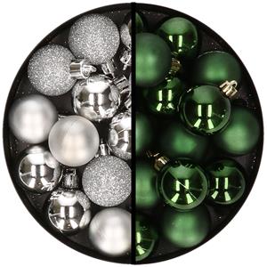 36x stuks kunststof kerstballen zilver en donkergroen 3 en 4 cm -