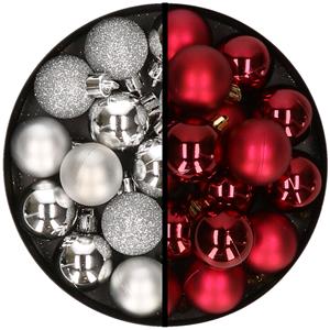 36x stuks kunststof kerstballen zilver en donkerrood 3 en 4 cm -