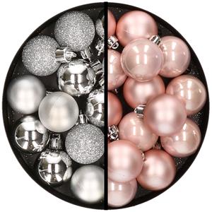 36x stuks kunststof kerstballen zilver en lichtroze 3 en 4 cm -