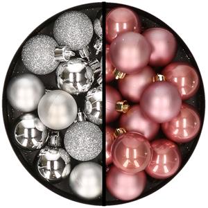 36x stuks kunststof kerstballen zilver en oudroze 3 en 4 cm -