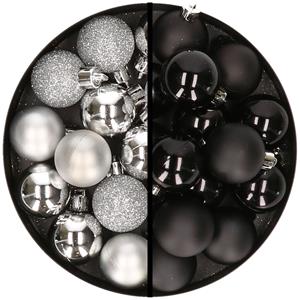 36x stuks kunststof kerstballen zilver en zwart 3 en 4 cm -