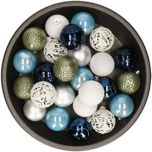 Kerstballen 37x stuks wit/groen/zilver/blauw kunststof 6cm -