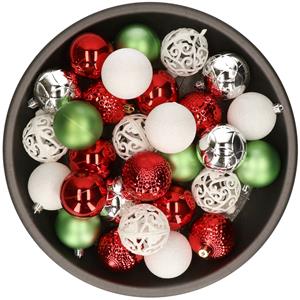 Kerstballen 37x stuks wit/rood/groen/zilver kunststof 6cm -