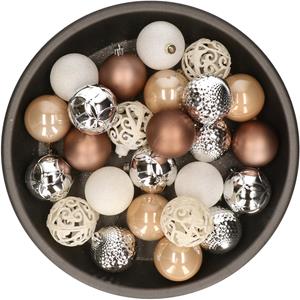 Kerstballen 37x stuks wit/zilver/bruin kunststof 6cm -