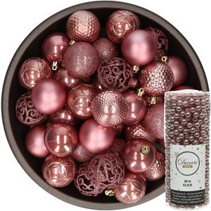 Decoris 37x stuks kunststof kerstballen 6 cm inclusief kralenslinger oudroze -