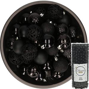 Decoris 37x stuks kunststof kerstballen 6 cm inclusief kralenslinger zwart -