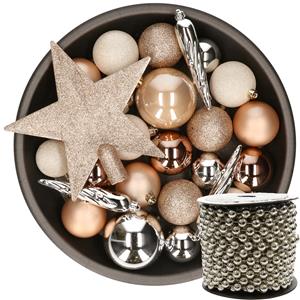 Kunststof kerstballen 33x st bruin-wit-zilver met piek en kralenslinger zilver -