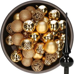 Decoris 37x stuks kunststof kerstballen 6 cm goud incl. glazen piek glans zwart -