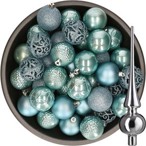 Decoris 37x stuks kunststof kerstballen 6 cm ijsblauw incl. glazen piek glans zilver -