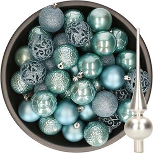 Decoris 37x stuks kunststof kerstballen 6 cm ijsblauw incl. glazen piek mat zilver -
