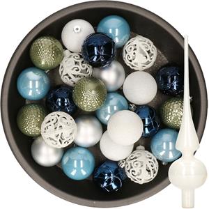 Decoris 37x stuks kunststof kerstballen 6 cm incl. glazen piek blauw-wit-zilver-groen -