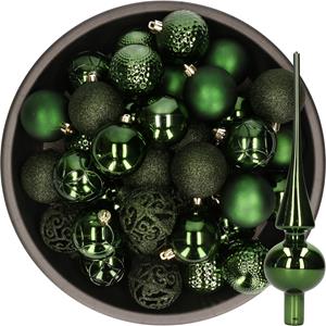 Decoris 37x stuks kunststof kerstballen 6 cm incl. glazen piek glans donkergroen -