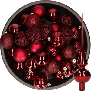 Decoris 37x stuks kunststof kerstballen 6 cm incl. glazen piek glans donkerrood -