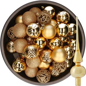 Decoris 37x stuks kunststof kerstballen 6 cm incl. glazen piek glans goud -