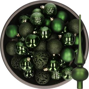 Decoris 37x stuks kunststof kerstballen 6 cm incl. glazen piek mat donkergroen -