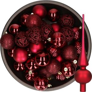 Decoris 37x stuks kunststof kerstballen 6 cm incl. glazen piek mat donkerrood -