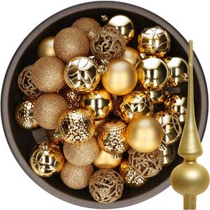 Decoris 37x stuks kunststof kerstballen 6 cm incl. glazen piek mat goud -