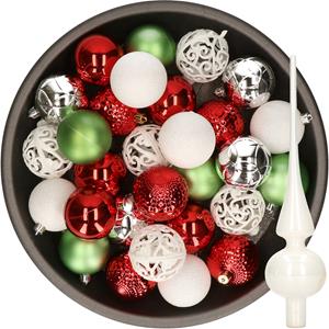 Decoris 37x stuks kunststof kerstballen 6 cm incl. glazen piek wit-rood-zilver-groen -