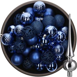 Decoris 37x stuks kunststof kerstballen 6 cm kobalt blauw incl. glazen piek glans zilver -