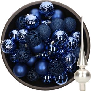 Decoris 37x stuks kunststof kerstballen 6 cm kobalt blauw incl. glazen piek mat zilver -