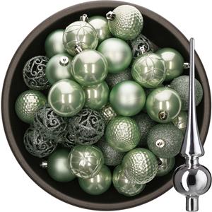 Decoris 37x stuks kunststof kerstballen 6 cm mintgroen incl. glazen piek glans zilver -