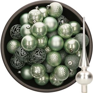 Decoris 37x stuks kunststof kerstballen 6 cm mintgroen incl. glazen piek mat zilver -