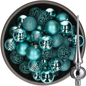 Decoris 37x stuks kunststof kerstballen 6 cm turquoise incl. glazen piek glans zilver -