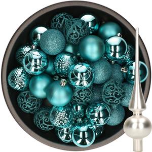 Decoris 37x stuks kunststof kerstballen 6 cm turquoise incl. glazen piek mat zilver -